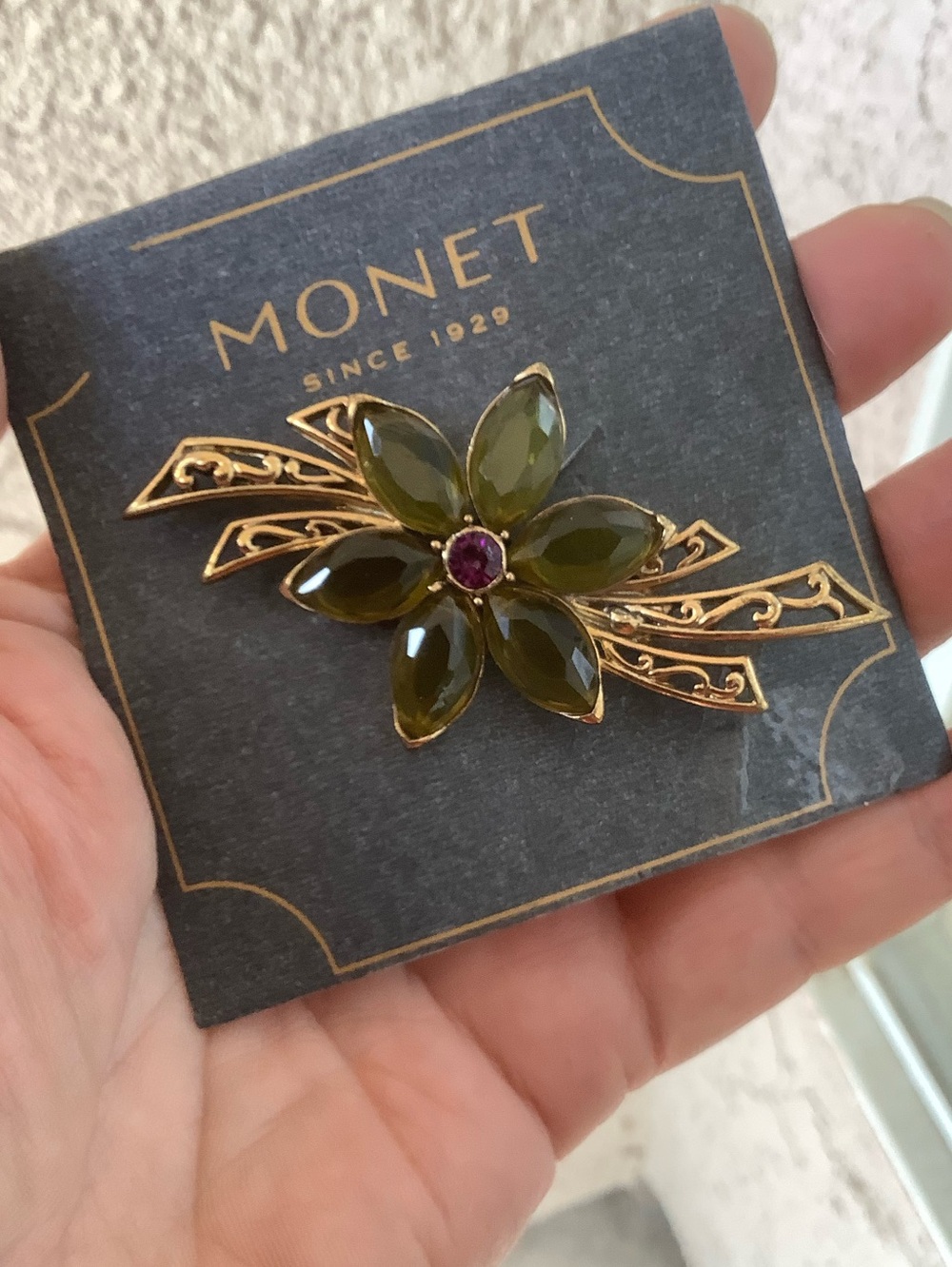 Monet Olive Green Flower Brooch with Gold Accents